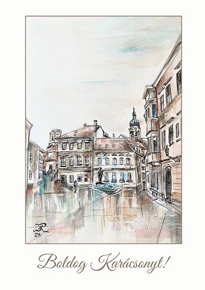 Karácsonyi képeslap- Bécsikapu tér– akvarellből nyomtatva