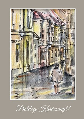 Karácsonyi képeslap Belvárosi utca– akvarellből nyomtatva