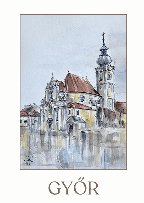 Képeslap Kármelita templom, színes– akvarellből nyomtatva